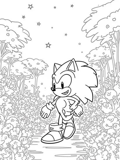 A coloring page of Super Sonic in a cosmic forest