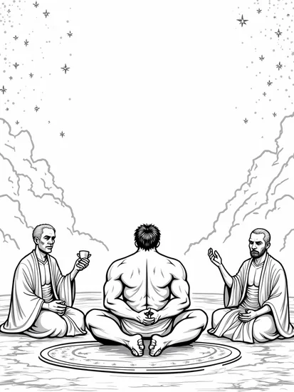 A coloring page of Hulk tea ceremony with alien elders