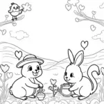Bunny and squirrel in a heart garden