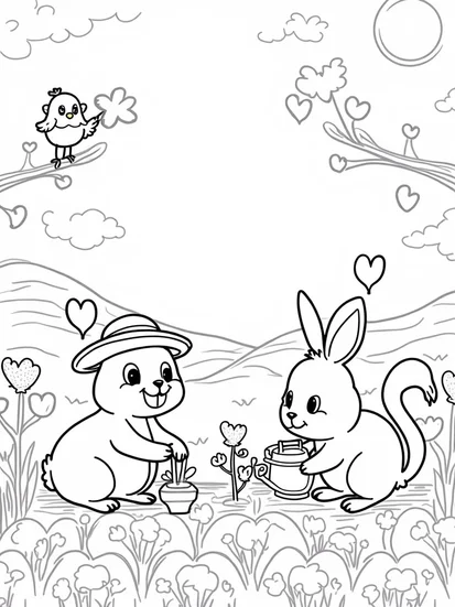 A coloring page of Bunny and squirrel in a heart garden