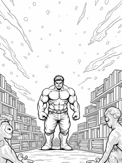 A coloring page of Hulk exploring a cosmic library