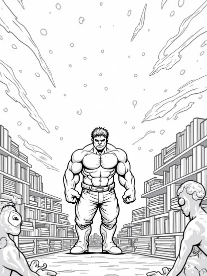 A coloring page of Hulk exploring a cosmic library