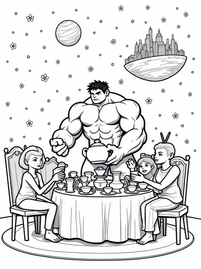 A coloring page of Hulk hosting a tea party