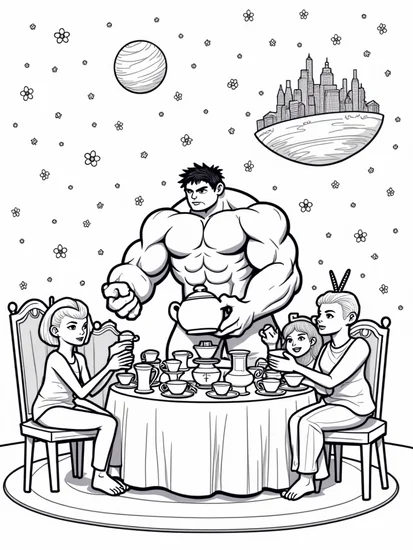 A coloring page of Hulk hosting a tea party