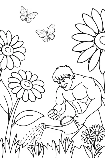 A coloring page of Hulk watering a magical garden