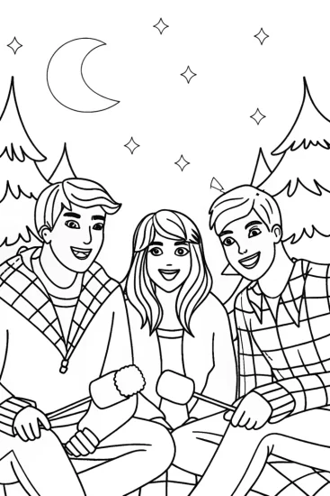 A coloring page of Friends around a campfire