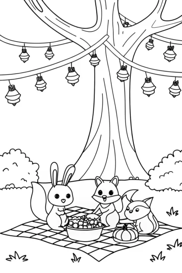 A coloring page of Thanksgiving picnic with woodland animals