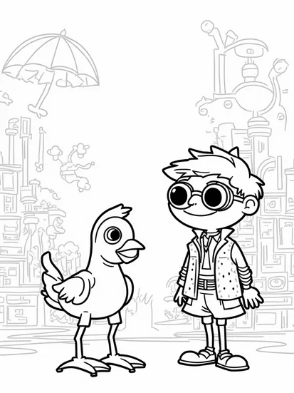 A coloring page of Blippi in the inventor’s workshop