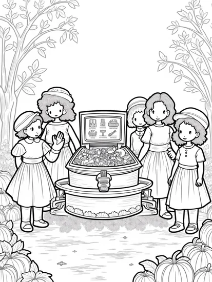 A coloring page of Thanksgiving time capsule gathering