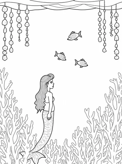 A coloring page of Mermaid navigating the upside-down ocean
