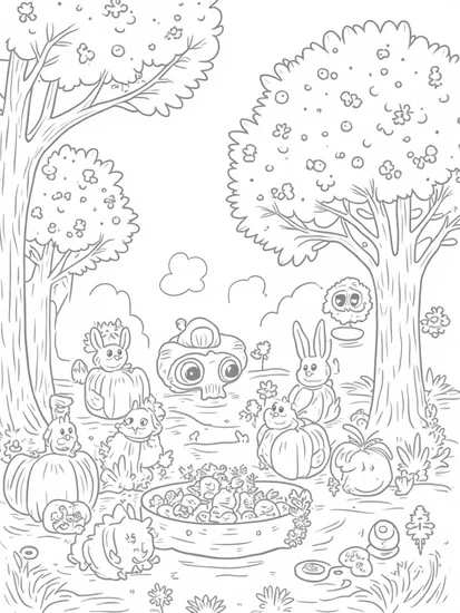 A coloring page of Thanksgiving at the enchanted orchard