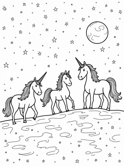 A coloring page of Unicorns navigating a celestial maze