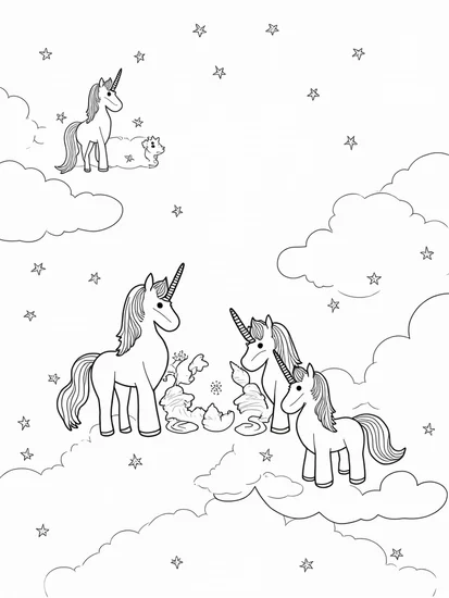 A coloring page of Unicorns crafting dreams in clouds
