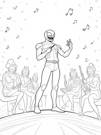 A coloring page of Venom conducting a cosmic symphony
