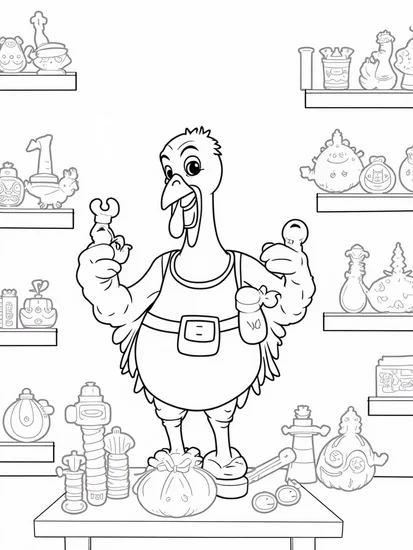 A coloring page of Turkey in a toy workshop