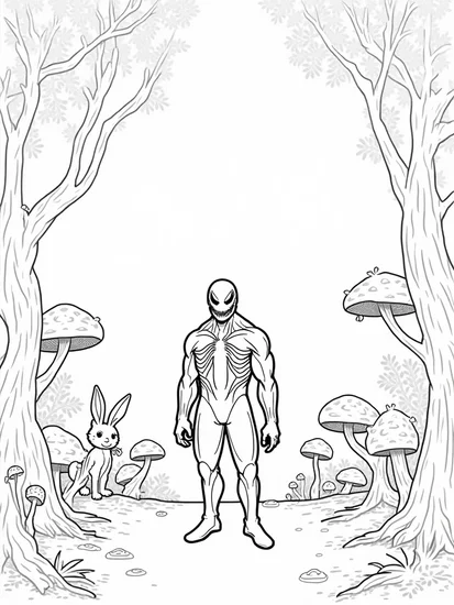 A coloring page of Venom in a magical forest