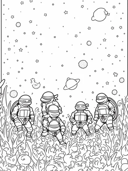 A coloring page of Teenage Mutant Ninja Turtles cosmic farm