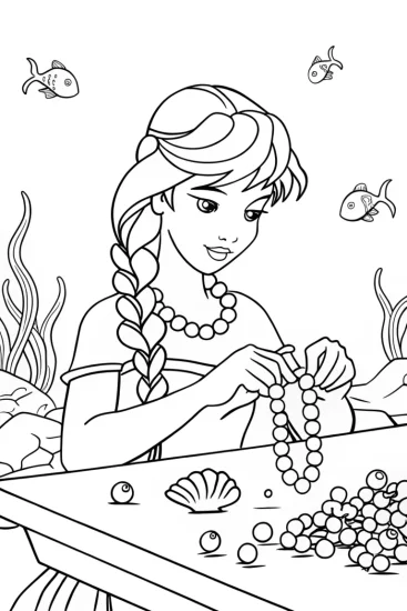 A coloring page of Little mermaid crafting jewelry