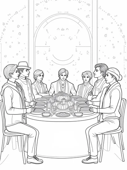 A coloring page of Thanksgiving time travelers’ feast