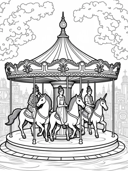 A coloring page of Unicorns on a magical carousel