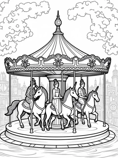 A coloring page of Unicorns on a magical carousel
