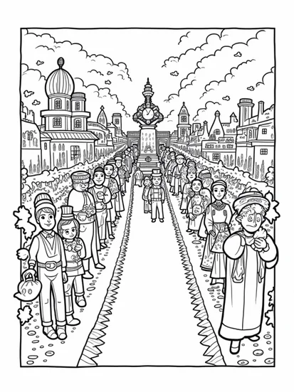 A coloring page of Thanksgiving parade of inventions