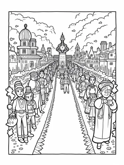 A coloring page of Thanksgiving parade of inventions