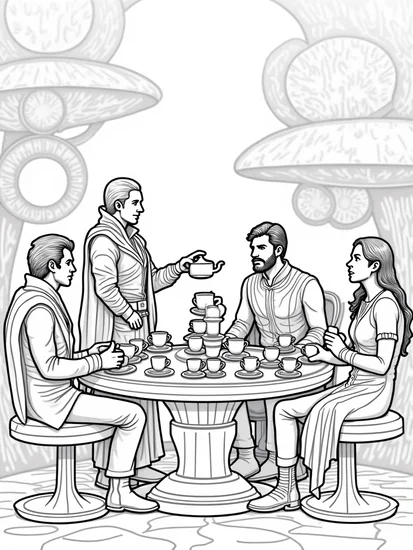 A coloring page of Avengers time-loop tea ceremony
