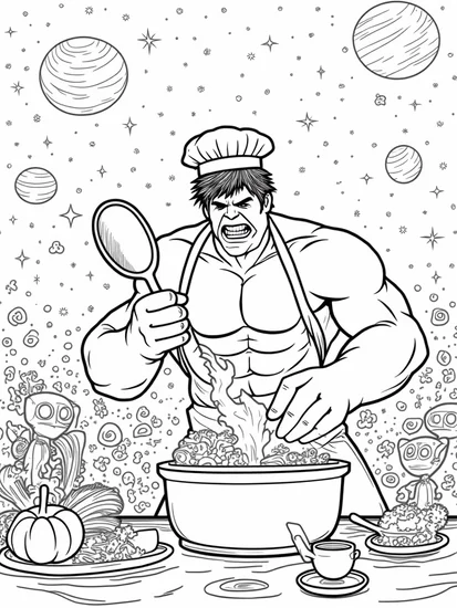 A coloring page of Hulk as a cosmic chef
