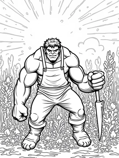 A coloring page of Hulk gardening in a cosmic garden