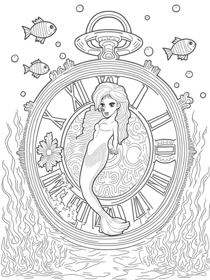 A coloring page of Mermaid adjusting the tidal clock