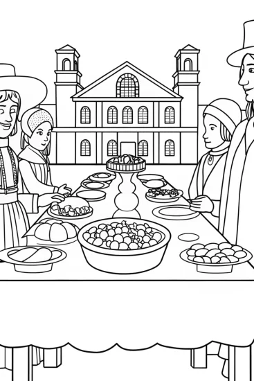 A coloring page of Thanksgiving time travelers feast