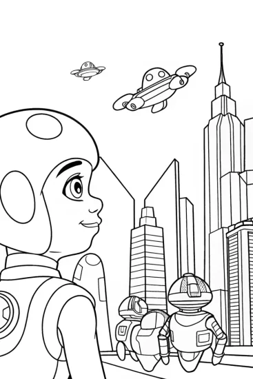 A coloring page of Yoshi in a futuristic city