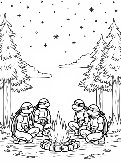 A coloring page of Teenage Mutant Ninja Turtles camping