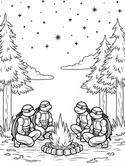 A coloring page of Teenage Mutant Ninja Turtles camping