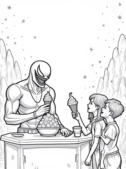 A coloring page of Venom serving ice cream