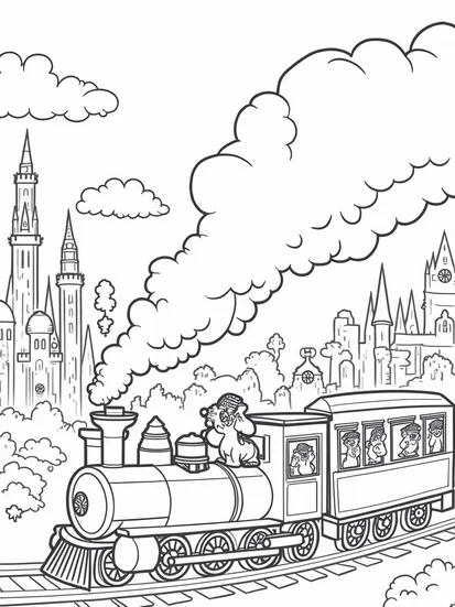 A coloring page of Unicorns on a time-traveling train