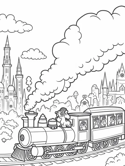 A coloring page of Unicorns on a time-traveling train