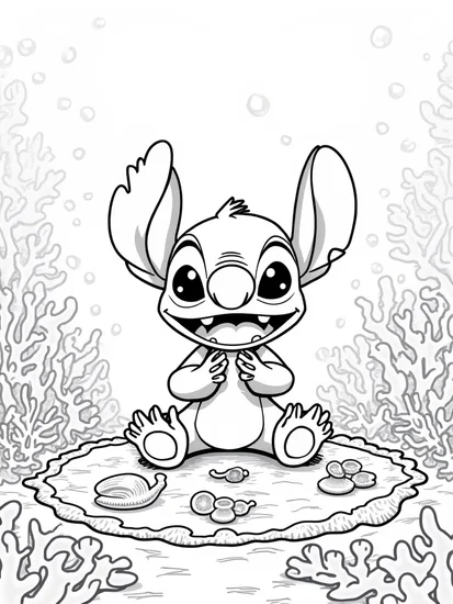 A coloring page of Stitch sewing underwater