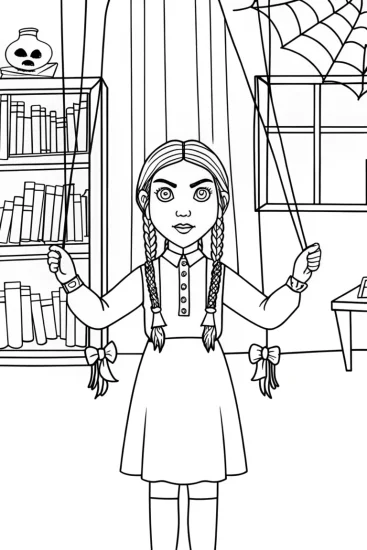A coloring page of Wednesday Addams with shadow puppets