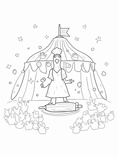 A coloring page of Turkey chef juggling fruits