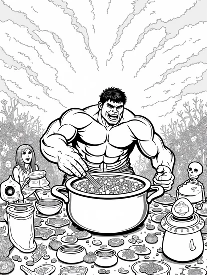 A coloring page of Hulk cooking in a galactic contest