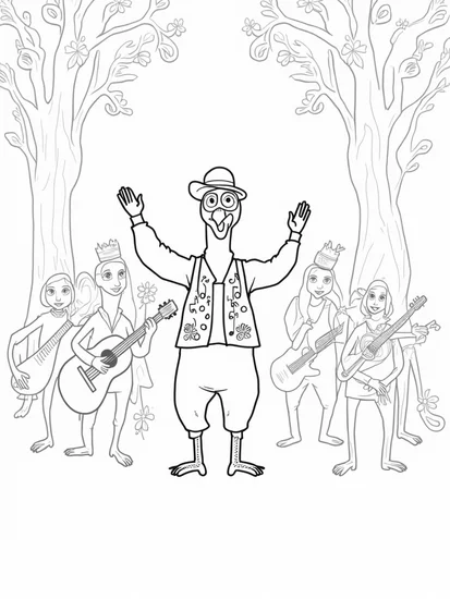 A coloring page of Turkey conducting a music festival
