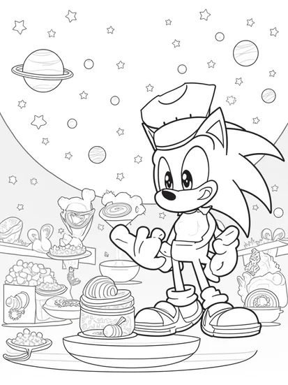 A coloring page of Super Sonic food festival scene