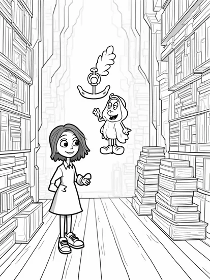 A coloring page of Wednesday Addams in a bookstore
