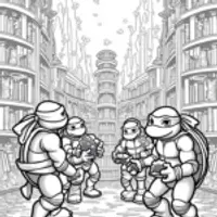 Turtles exploring a magical library
