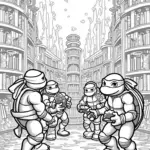 Turtles exploring a magical library
