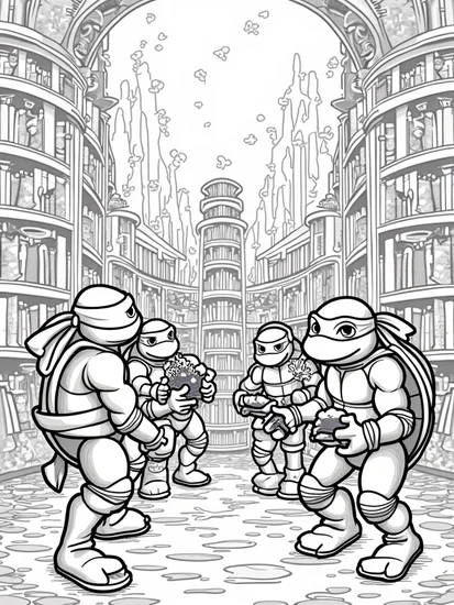 A coloring page of Turtles exploring a magical library