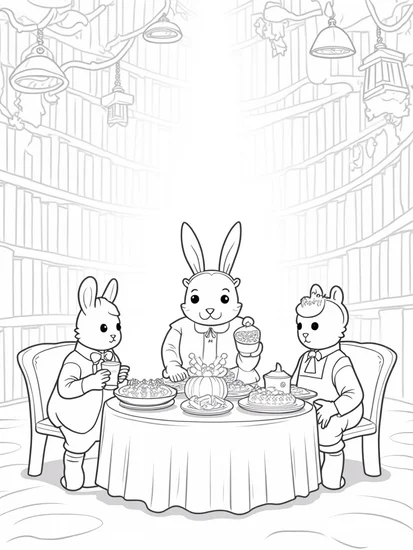 A coloring page of Thanksgiving in the magical library