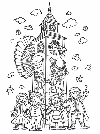 A coloring page of Turkey in the enchanted clock tower